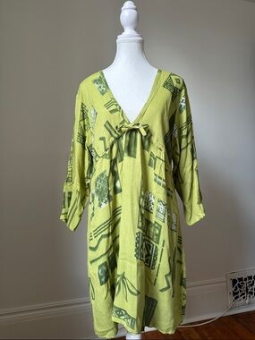 BIRDIE'S NEST Green Boho Lagenlook Hippie Long Sleeve Vneck Dress Size Large